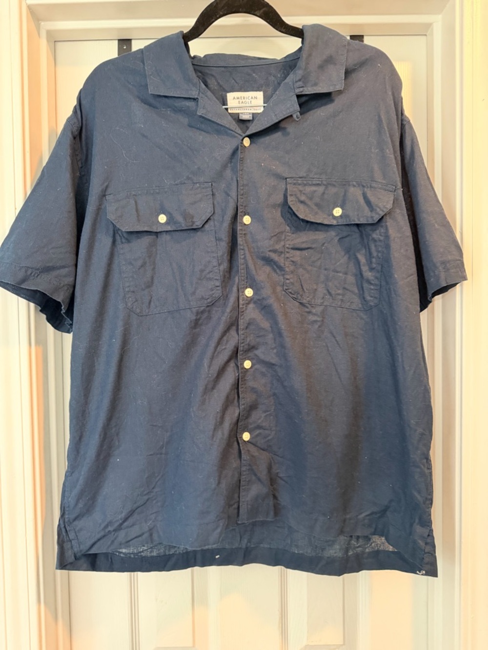 American Eagle Outfitters Navy Short-Sleeve Button-Down Camp Shirt